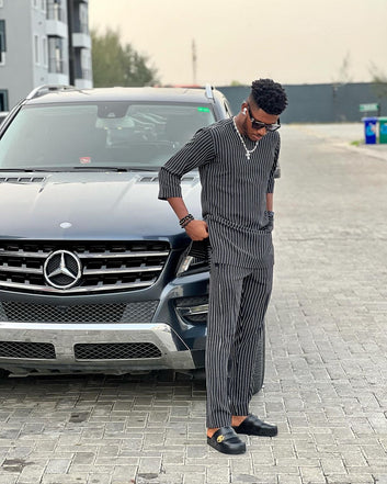 MG White Men's Traditional African Suit with Velvet Lion Throw/ Kafka, African Suit T2545